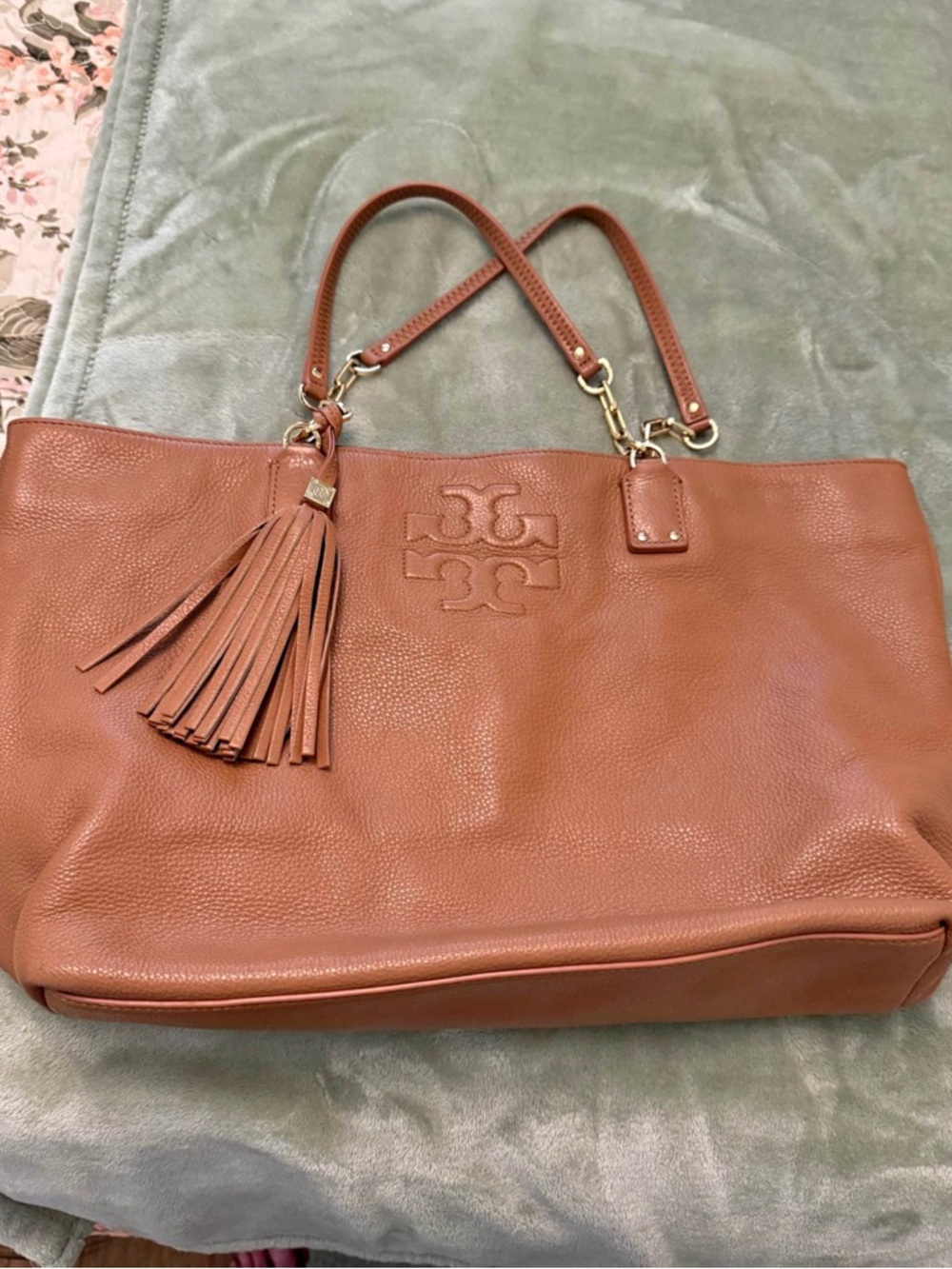 Tory Burch Pebbled Leather Tassel Tote in Cognac Brown